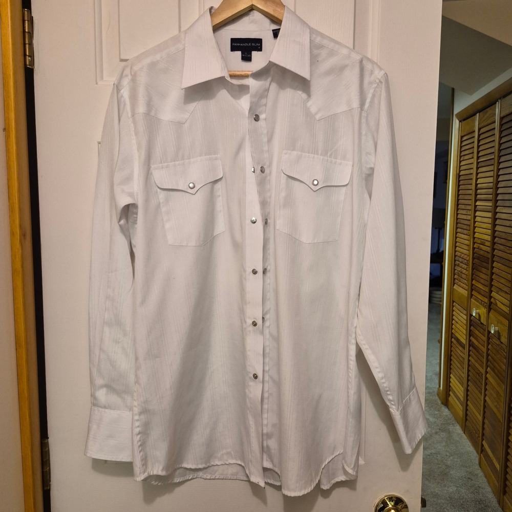 Panhandle Slim Mens White Tonal Stripe Pearl Snap Western Shirt Large 16.5-35